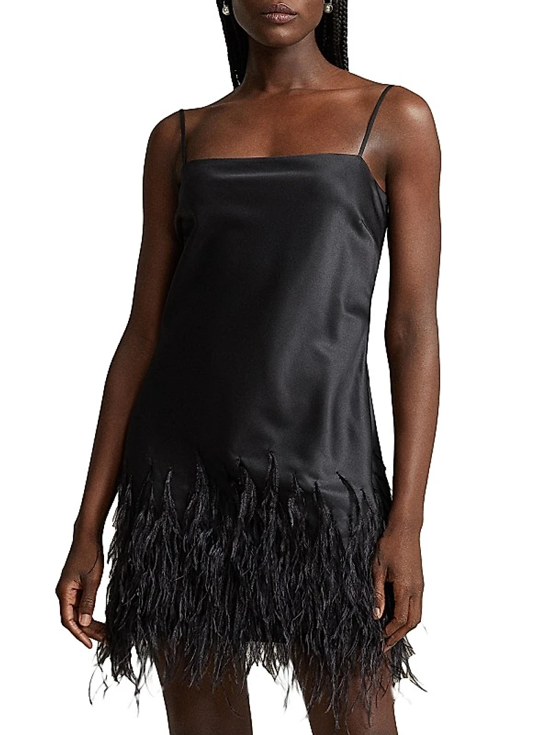 Feather-Trim Satin Mini Dress