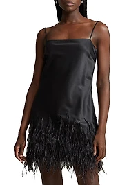 Feather-Trim Satin Mini Dress