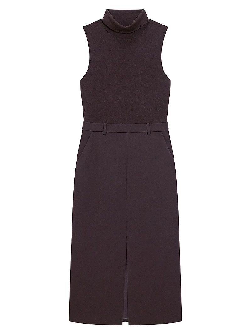 Funnel-Neck Crepe Belted Dress
