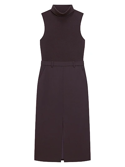 Funnel-Neck Crepe Belted Dress