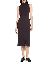 Funnel-Neck Crepe Belted Dress