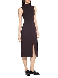 Funnel-Neck Crepe Belted Dress