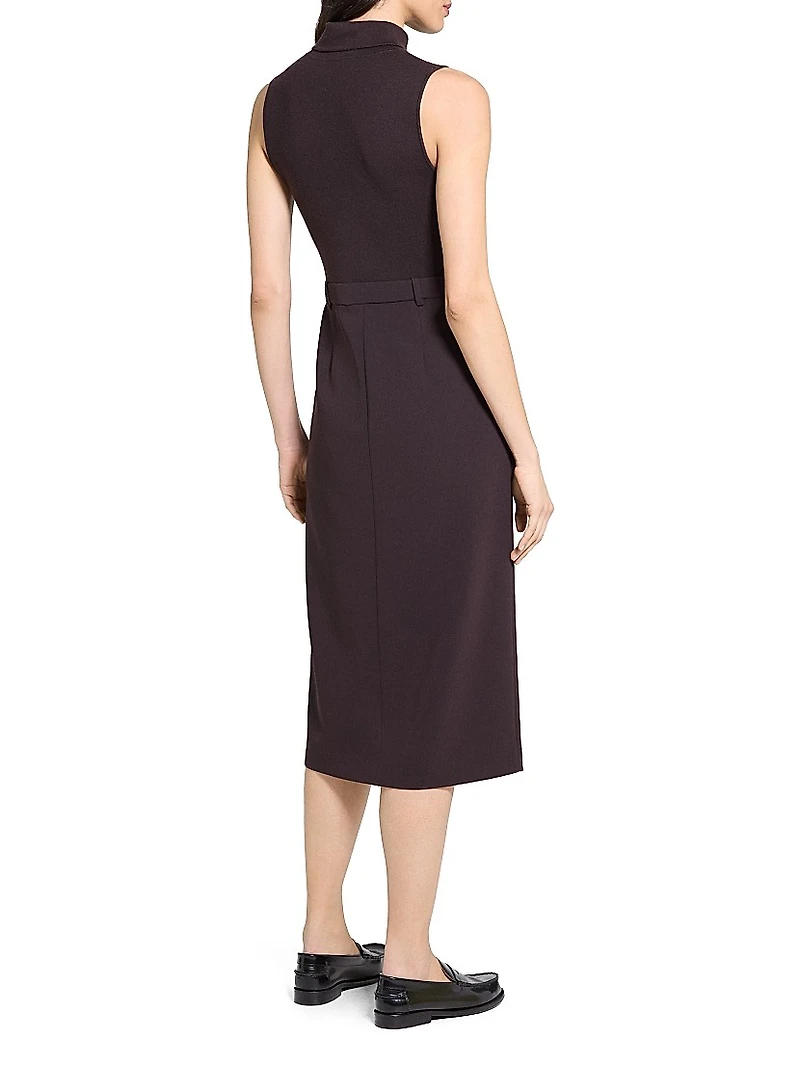 Funnel-Neck Crepe Belted Dress