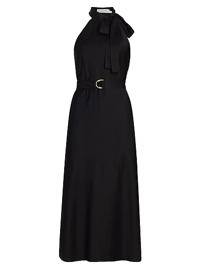 Belted High-Neck Midi-Dress
