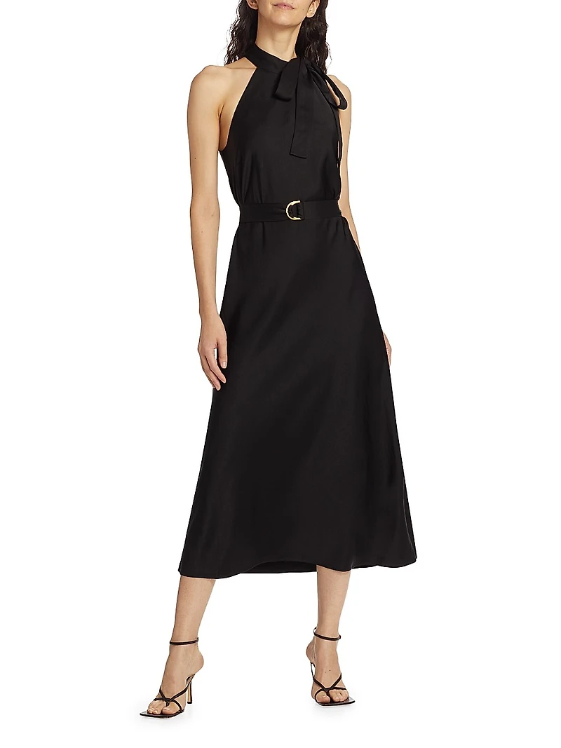 Belted High-Neck Midi-Dress