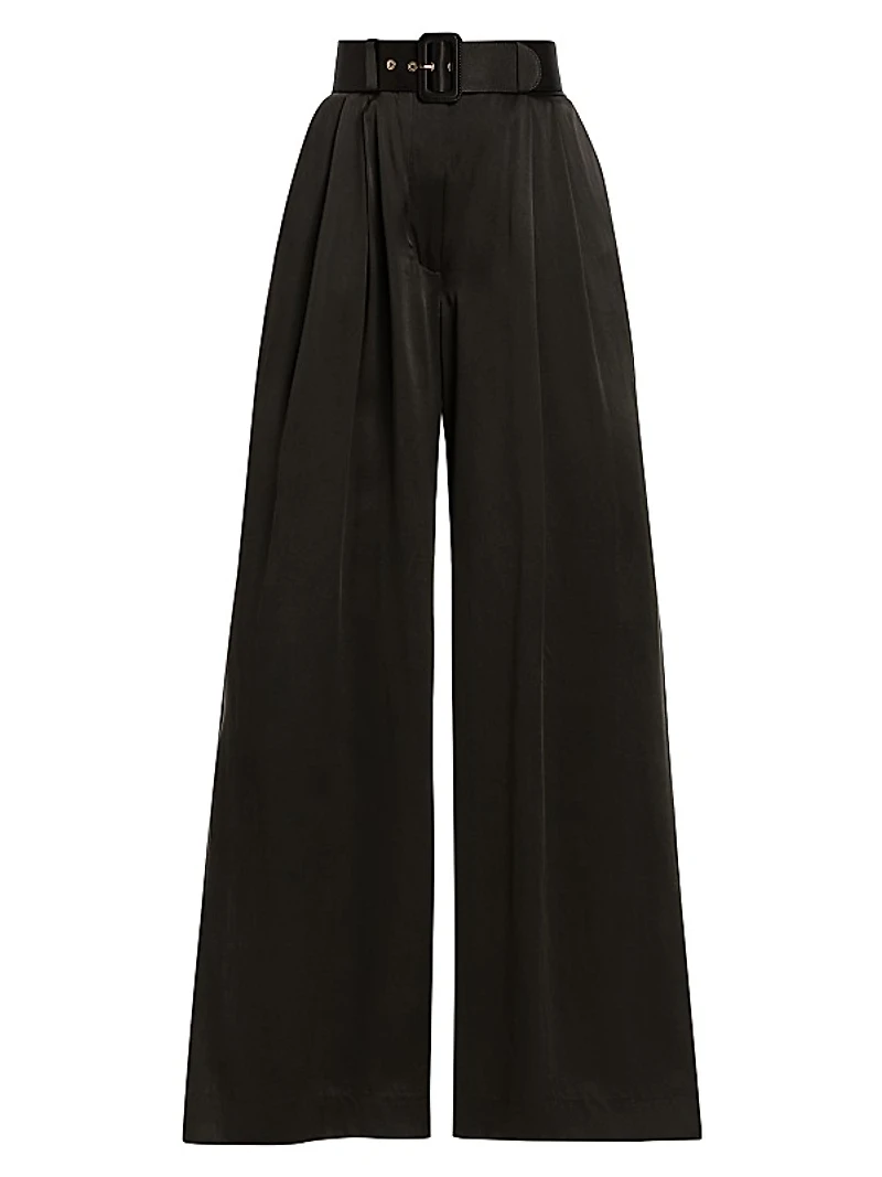 Belted Pleated Wide-Leg Silk Pants