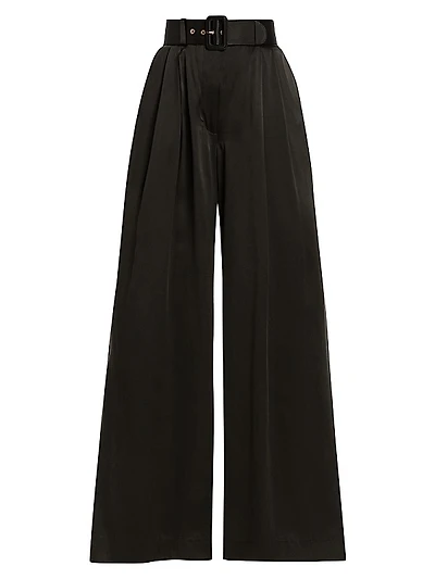 Belted Pleated Wide-Leg Silk Pants