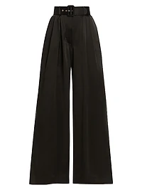Belted Pleated Wide-Leg Silk Pants
