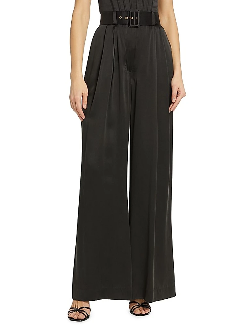 Belted Pleated Wide-Leg Silk Pants
