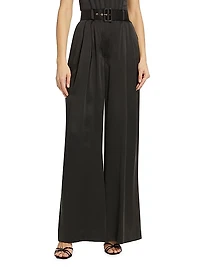 Belted Pleated Wide-Leg Silk Pants
