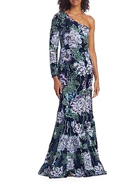 Floral-Embroidered One-Shoulder Gown