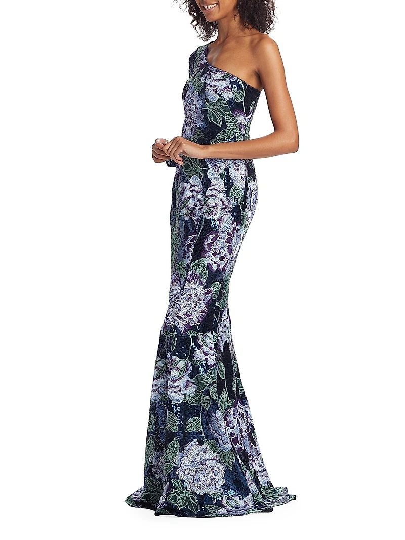 Floral-Embroidered One-Shoulder Gown