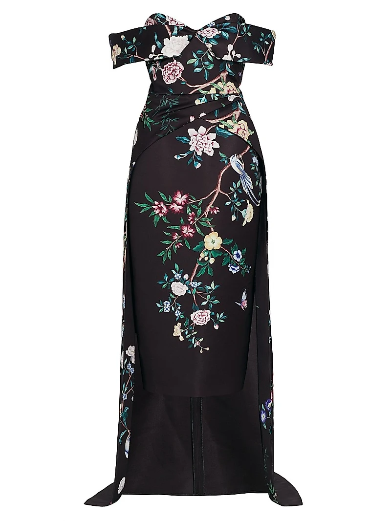 Paradise-Print Duchesse Satin Gown
