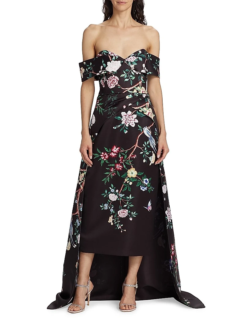 Paradise-Print Duchesse Satin Gown