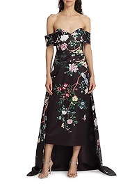 Paradise-Print Duchesse Satin Gown
