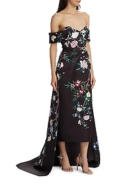 Paradise-Print Duchesse Satin Gown