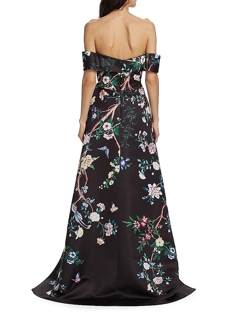 Paradise-Print Duchesse Satin Gown