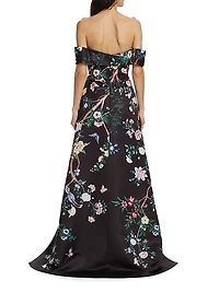 Paradise-Print Duchesse Satin Gown