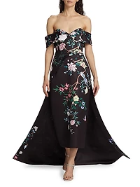 Paradise-Print Duchesse Satin Gown