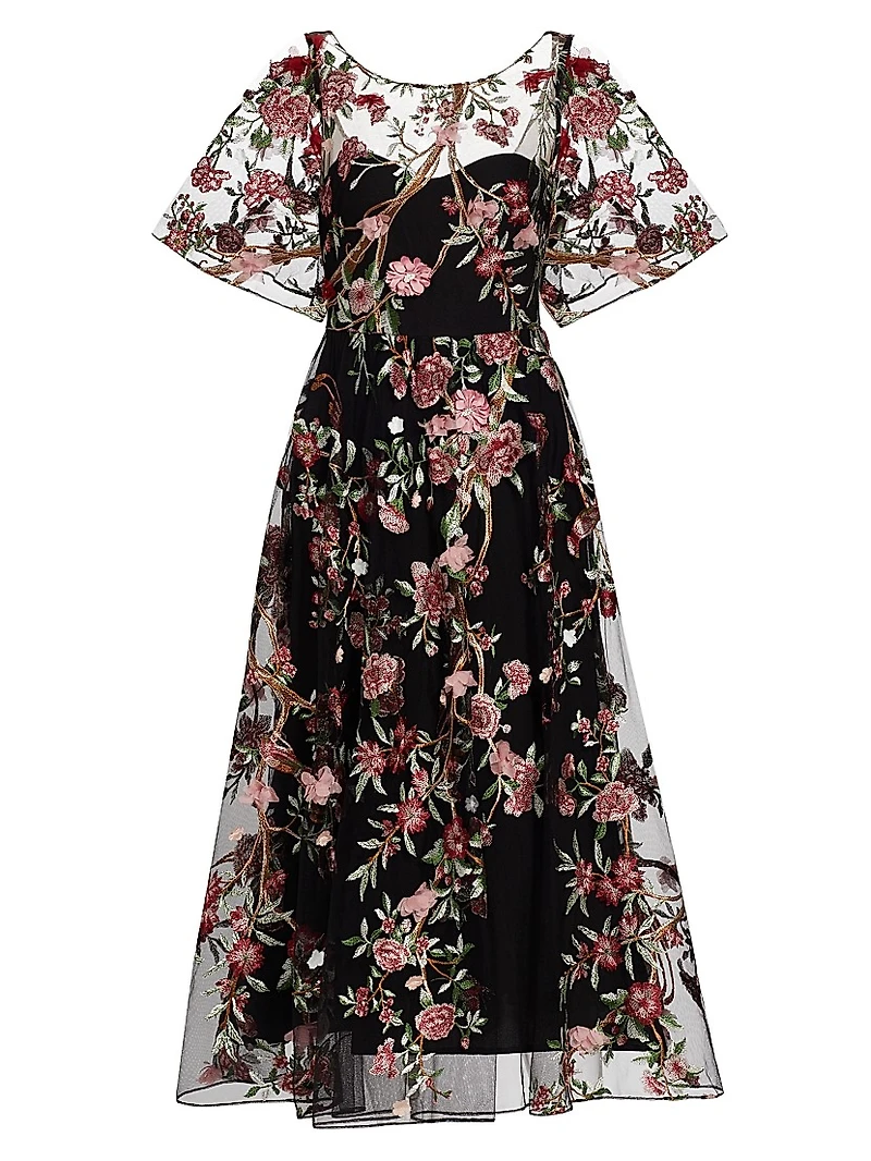 Floral-Embroidered Tulle Cocktail Dress