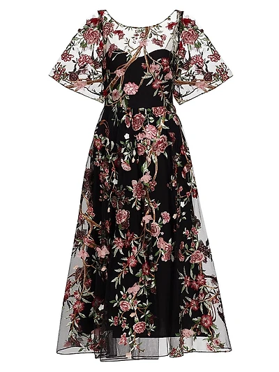 Floral-Embroidered Tulle Cocktail Dress