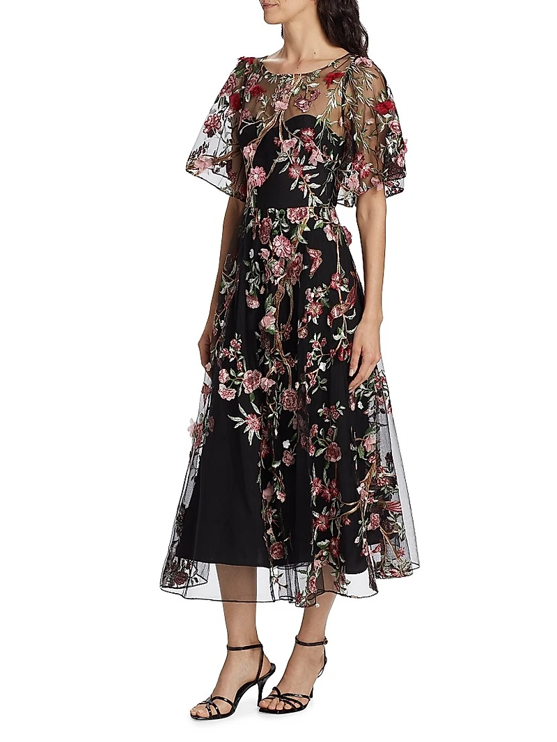 Floral-Embroidered Tulle Cocktail Dress