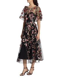 Floral-Embroidered Tulle Cocktail Dress