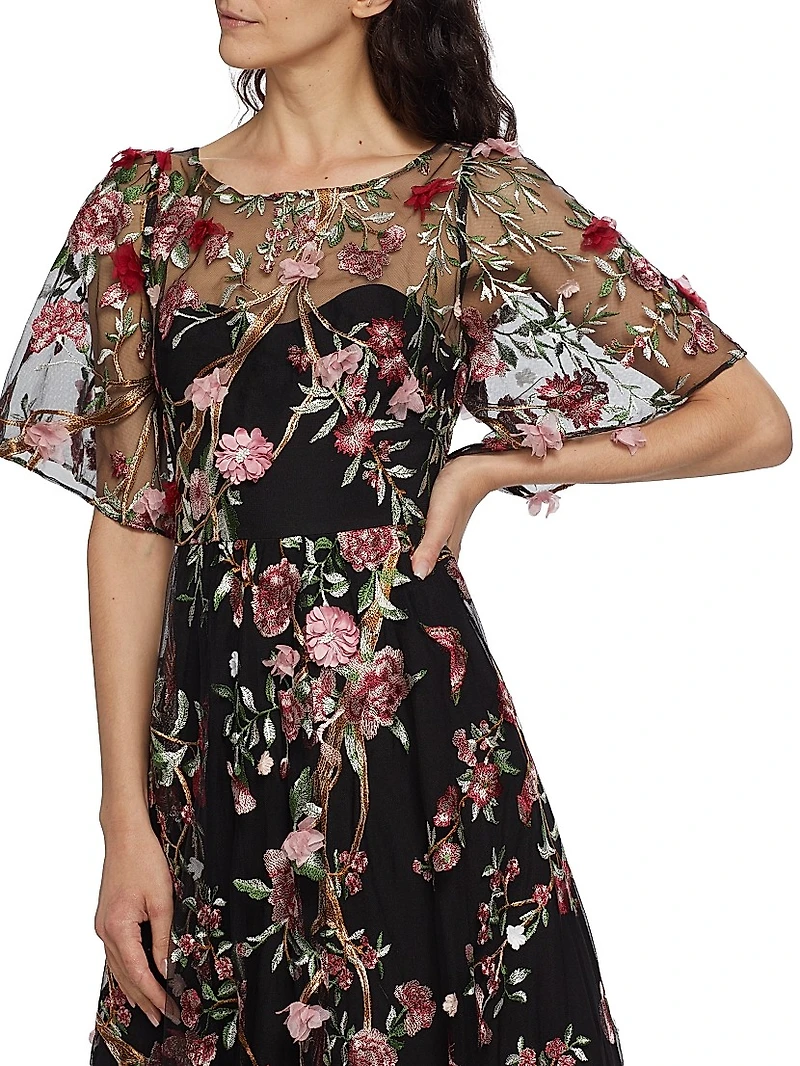 Floral-Embroidered Tulle Cocktail Dress