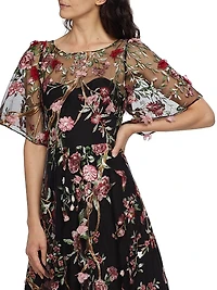 Floral-Embroidered Tulle Cocktail Dress