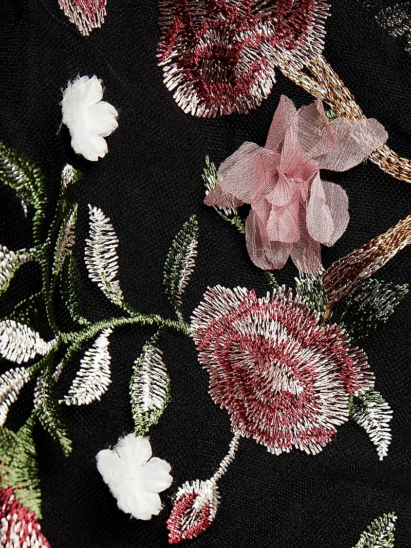 Floral-Embroidered Tulle Cocktail Dress