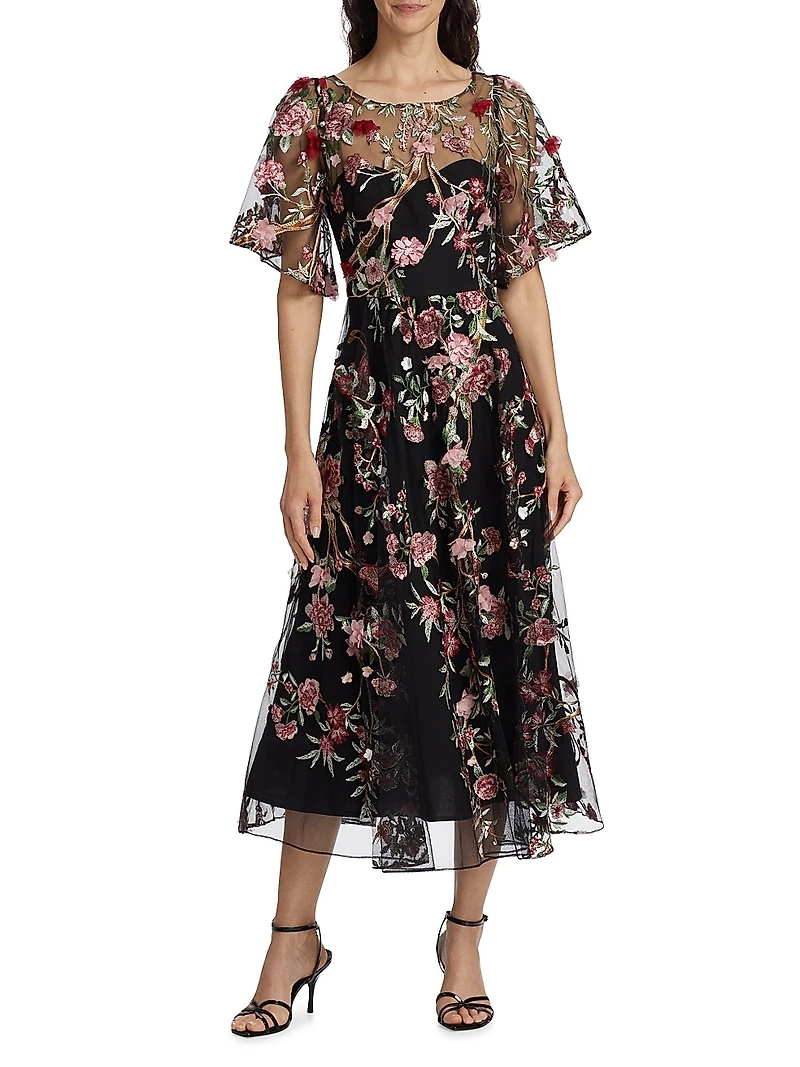 Floral-Embroidered Tulle Cocktail Dress