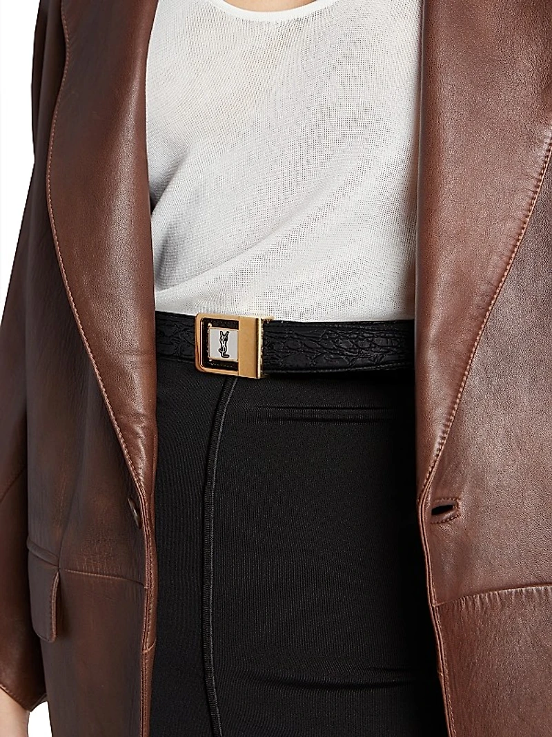 LA 66 Mixed Metal Buckle Belt in Crocodile-Embossed Leather