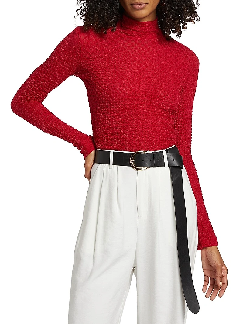 Textured Mesh Mock-Turtleneck Top