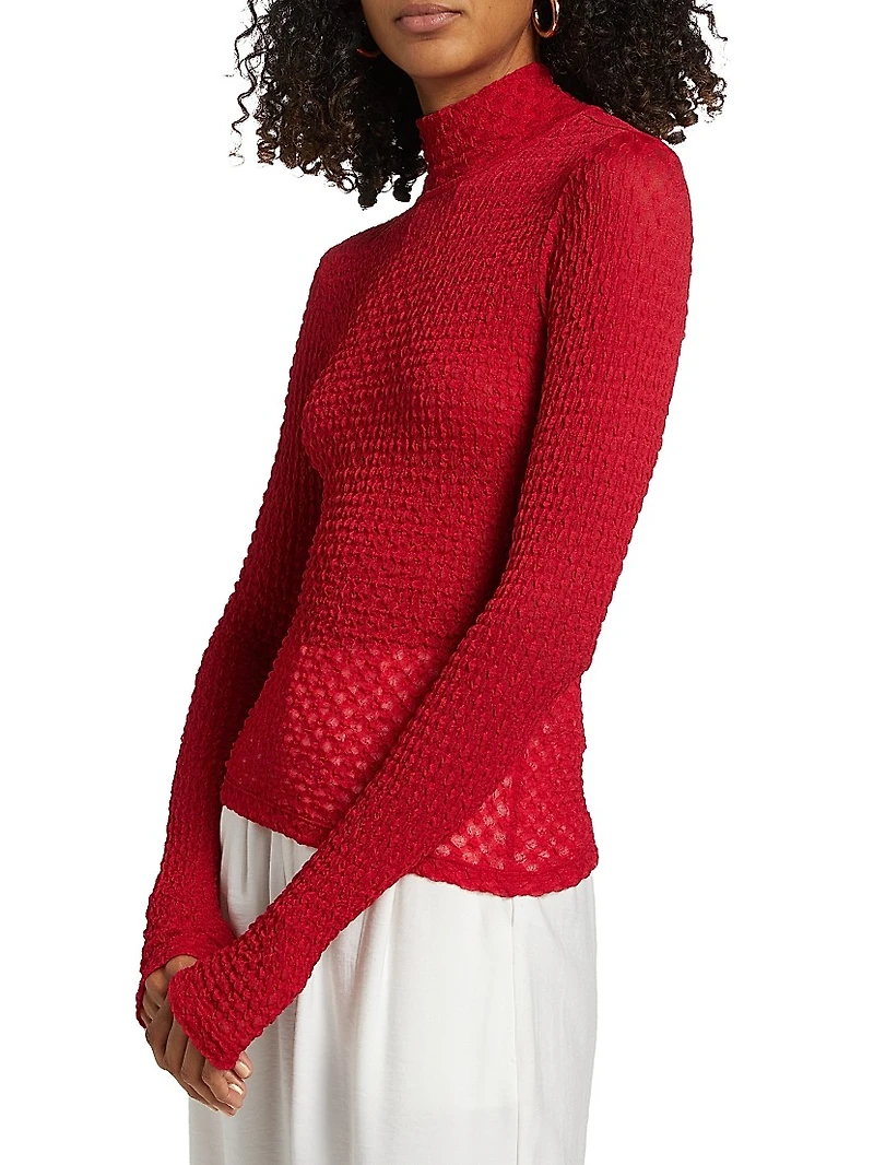 Textured Mesh Mock-Turtleneck Top
