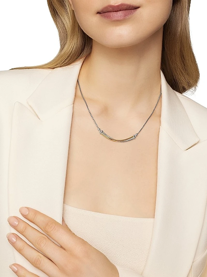 Crossover Bar Necklace in Sterling Silver with 18K Yellow Gold