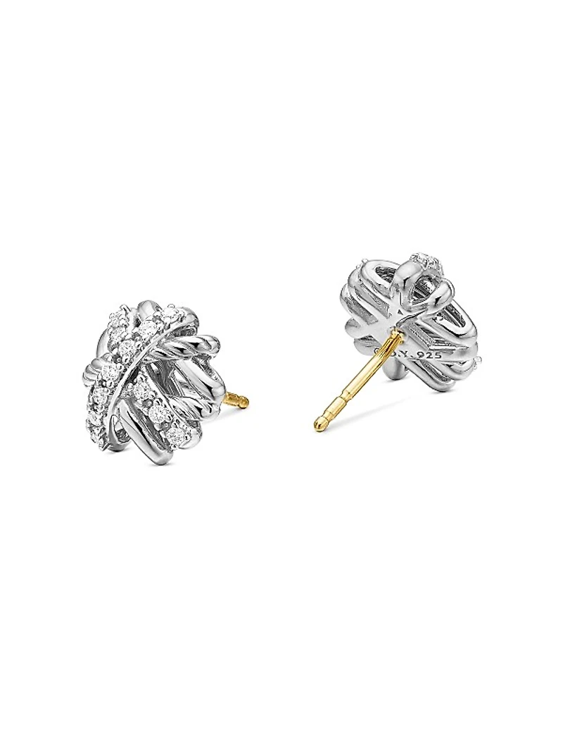 Crossover Stud Earrings in Sterling Silver with Diamonds, 11mm