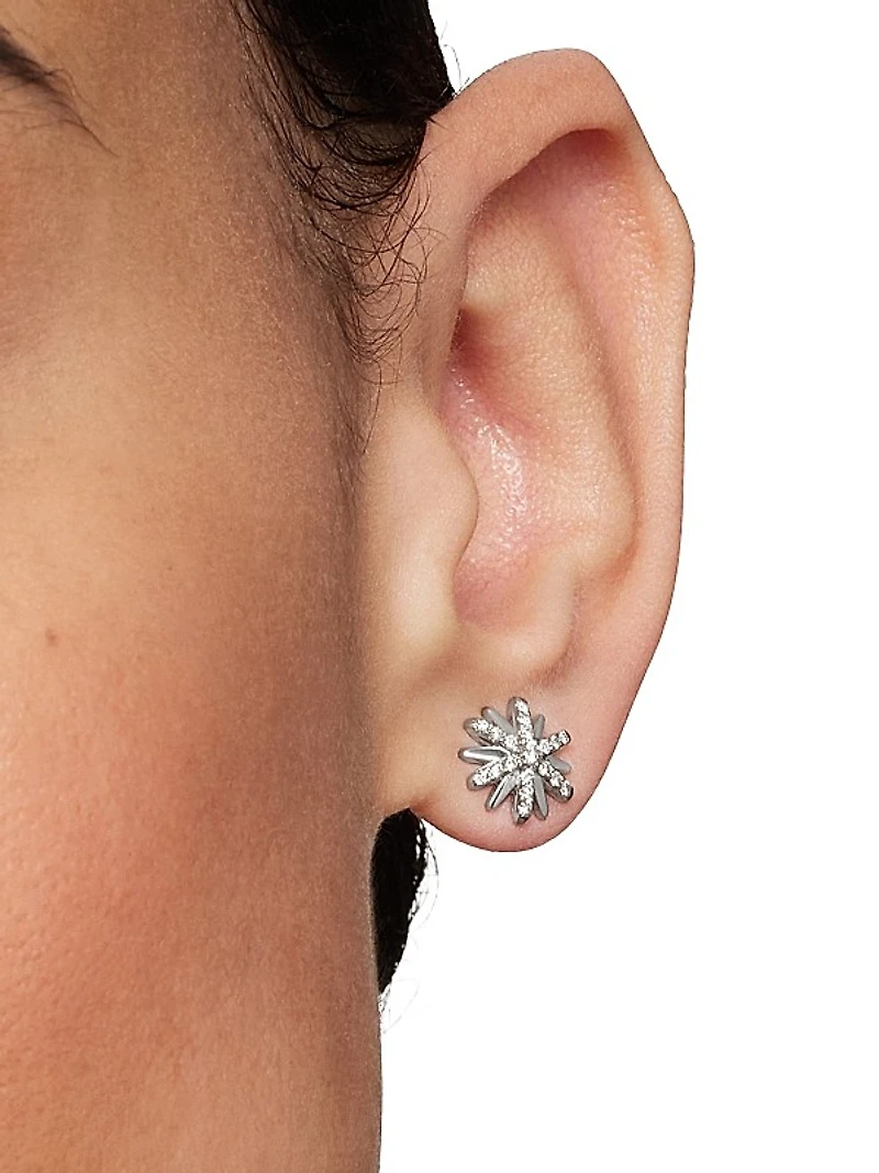 Petite Starburst Stud Earrings in Sterling Silver with Diamonds, 10mm