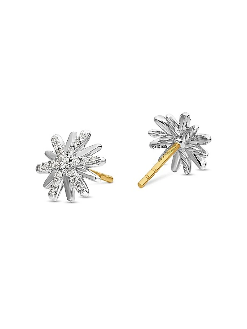 Petite Starburst Stud Earrings in Sterling Silver with Diamonds, 10mm
