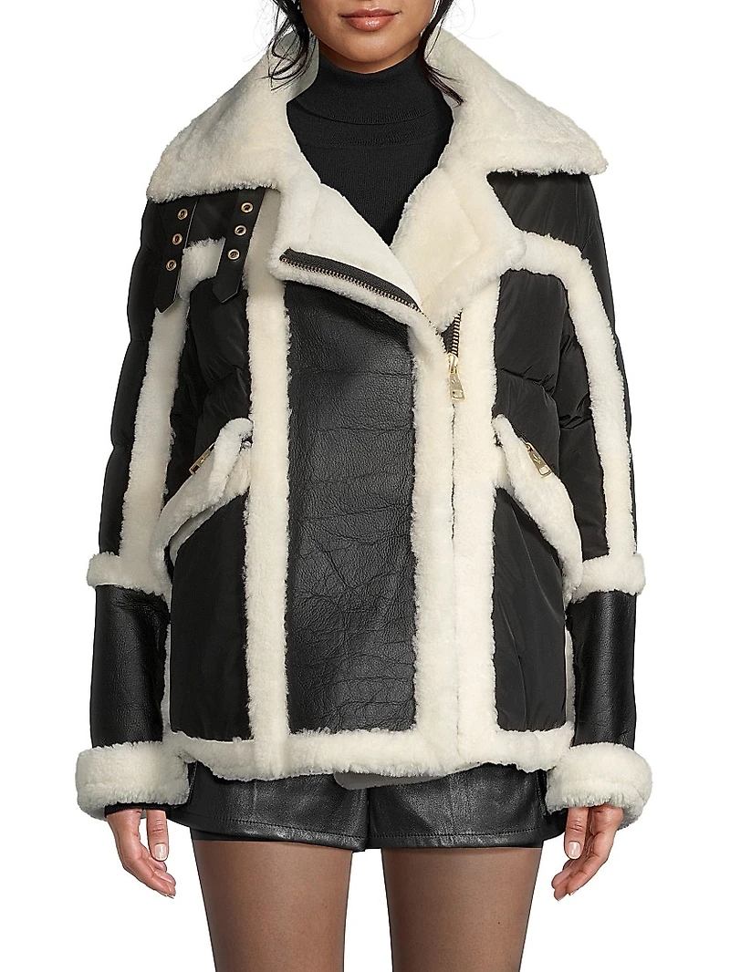 Mixed Media Shearling Down Moto Jacket