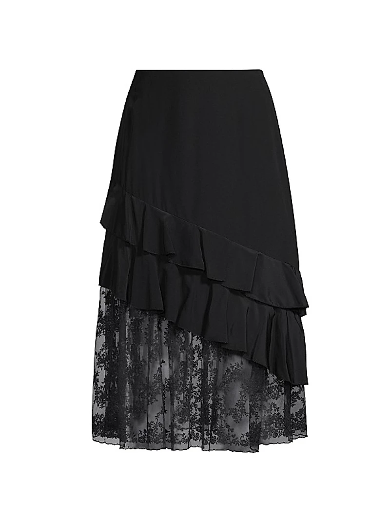 Embroidered Silk Ruffled Midi-Skirt