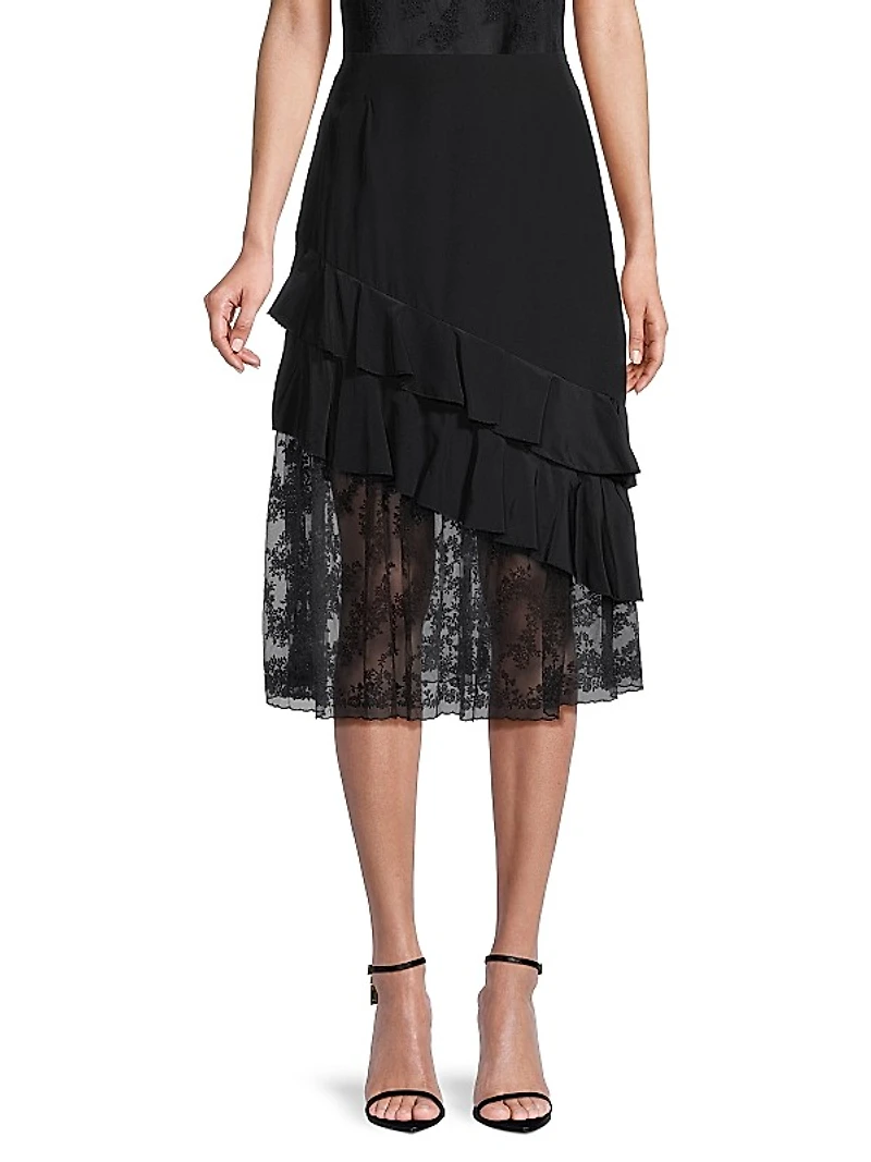 Embroidered Silk Ruffled Midi-Skirt