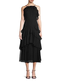 Polka Dot Tiered Chiffon Midi-Dress