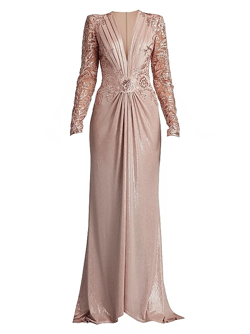 V-Neck Metallic Jersey Gown