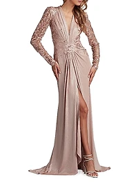 V-Neck Metallic Jersey Gown