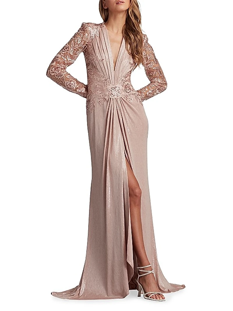 V-Neck Metallic Jersey Gown