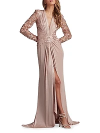 V-Neck Metallic Jersey Gown