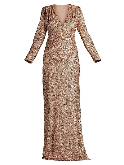 Long Sleeve Sequined V-Neck Gown