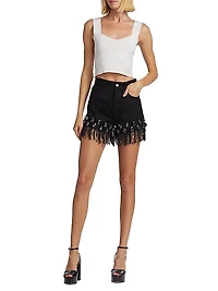 Crystal-Embellished Fringe Denim Shorts