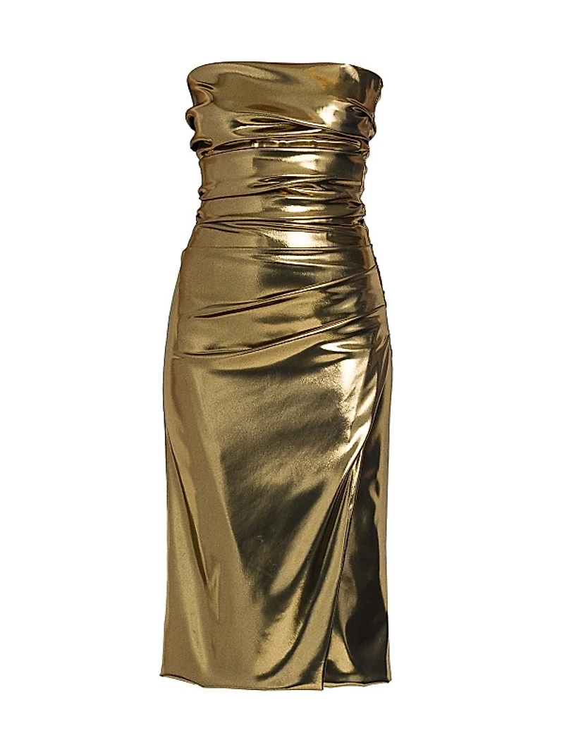 Laminated Metallic Strapless Midi-Dress