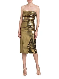 Laminated Metallic Strapless Midi-Dress